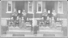 SA1523.3 - Dolly Sexton and Rufus Crossman were members of the Church Family. Photo shows two adults and four young children on the steps of a building. Identified on the back.